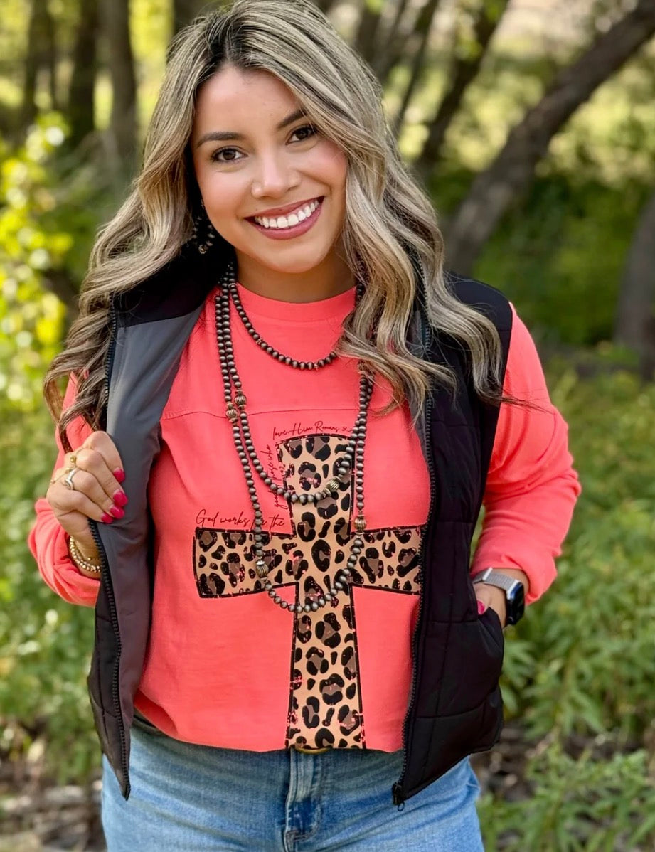 Leopard Cross Long Sleeve Top: Size Small to 2XL