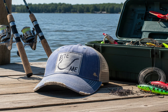 Bite Me Royal Blue Distressed Trucker Hat Baseball Cap