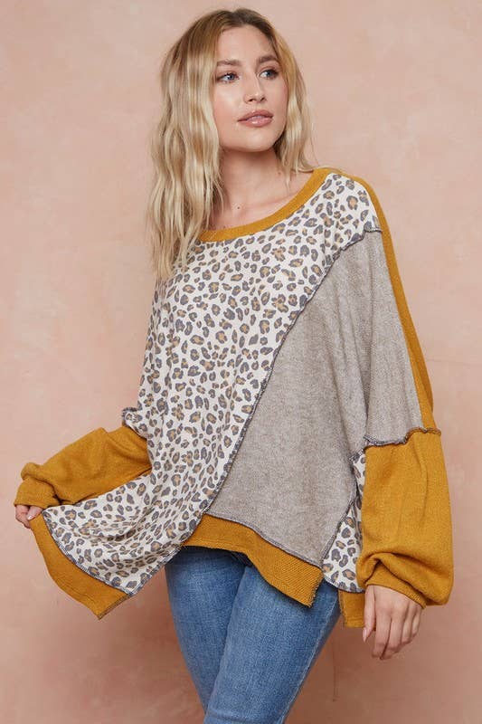 Yellow and Leopard Colorblock Sweater in Yellow Size  XL to 3XL