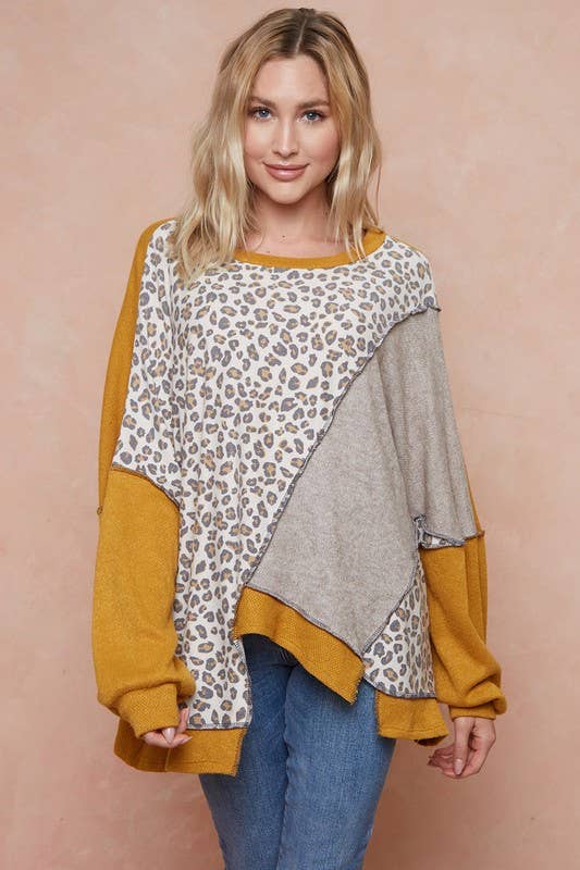 Yellow and Leopard Colorblock Sweater in Yellow Size  XL to 3XL