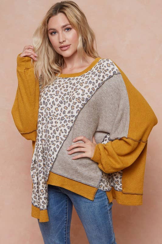 Yellow and Leopard Colorblock Sweater in Yellow Size  XL to 3XL