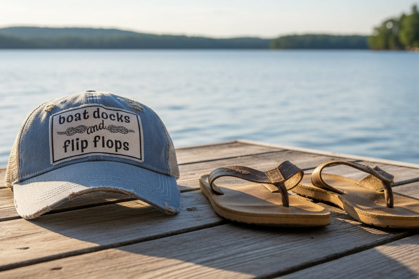 Boat Docks & Flip Flops Distressed Trucker Hat Baseball Cap