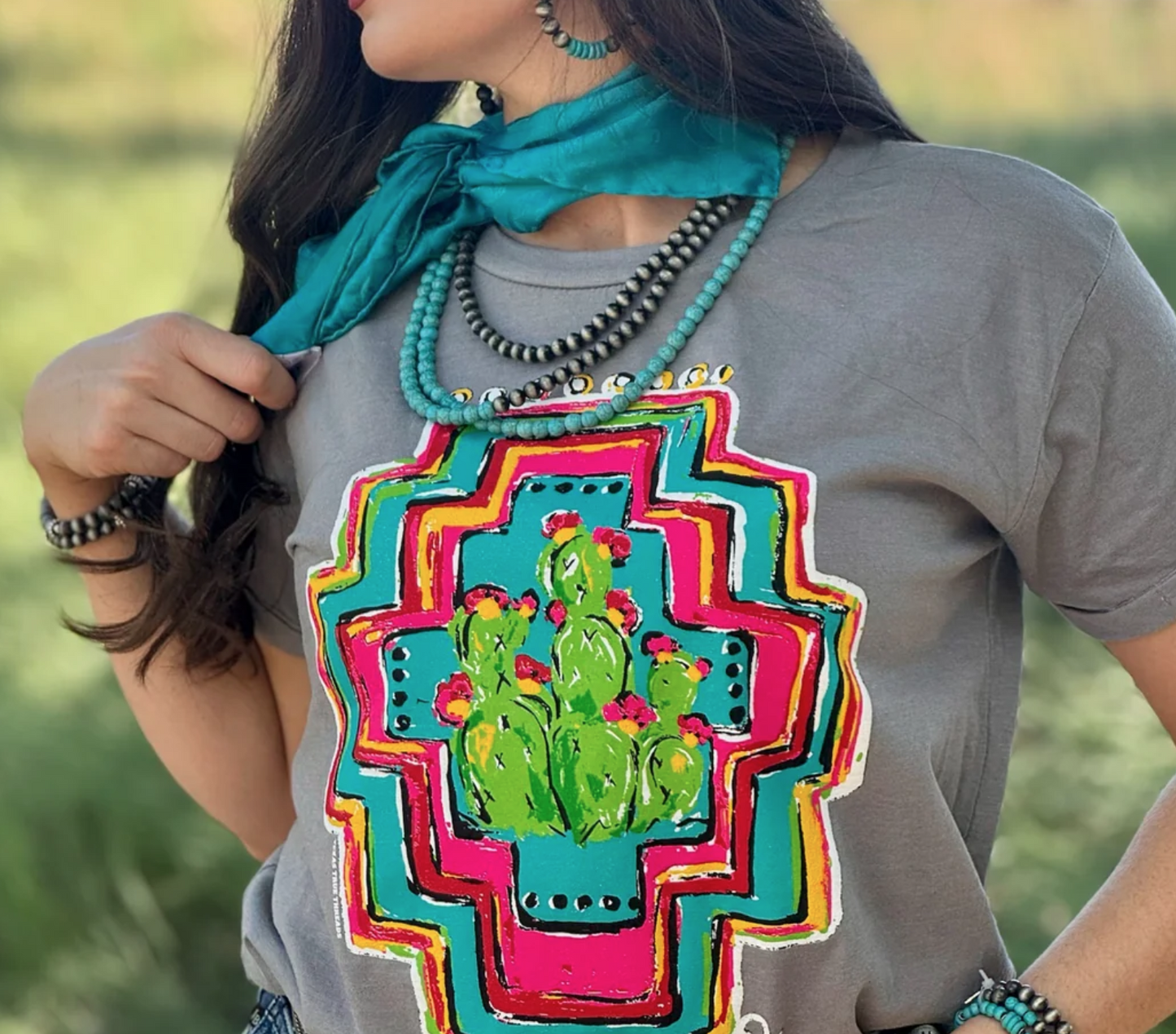 Aztec Cacti Boyfriend Tee in Grey Size: Small to 2XL