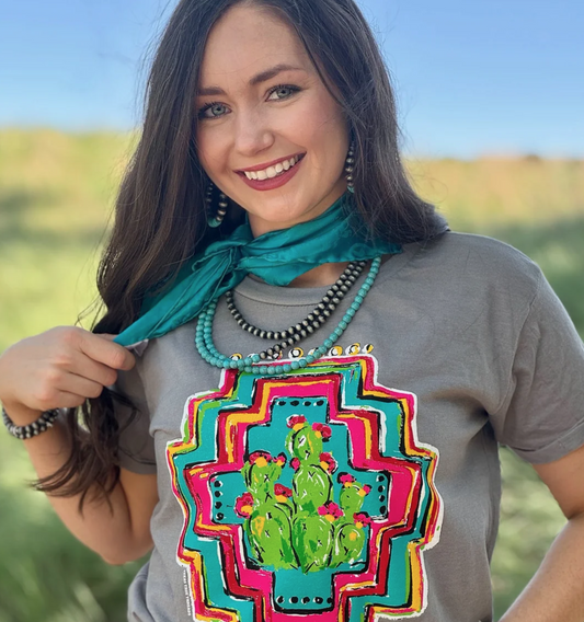 Aztec Cacti Boyfriend Tee in Grey Size: Small to 2XL