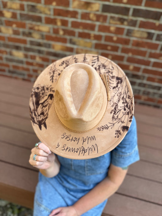 Engraved Wildflowers & Wild Horses Hat: Khaki