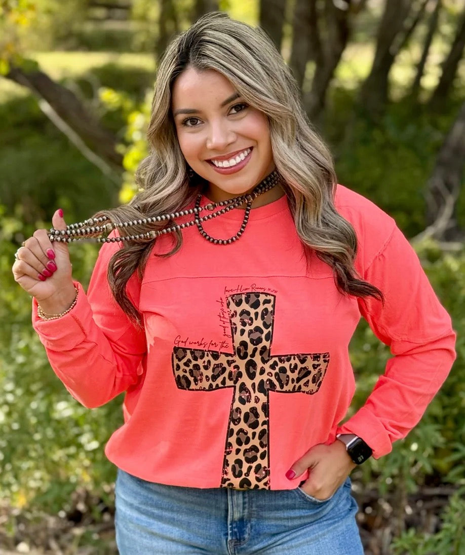 Leopard Cross Long Sleeve Top: Size Small to 2XL