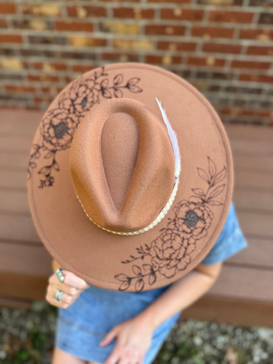 Brown Engraved Floral Hat with feather