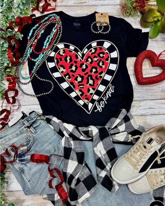 Be Kind Leopard Heart T-Shirt: Size Small to 2XL