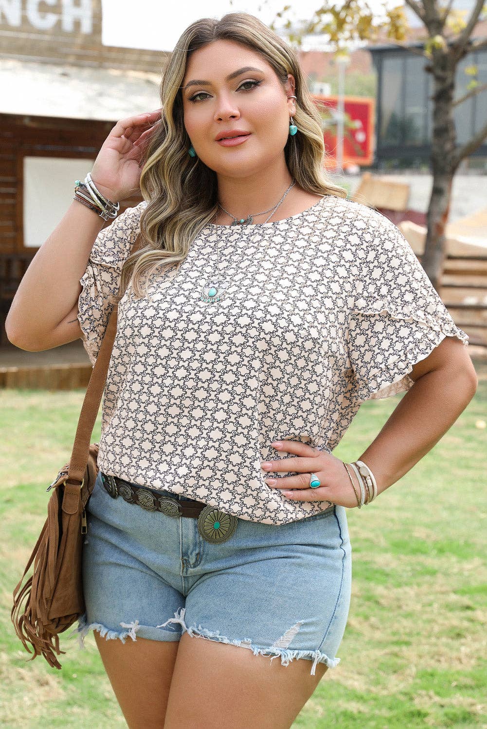 Geometric Khaki Print Ruffled Sleeve Blouse: Khaki 1X - 4X