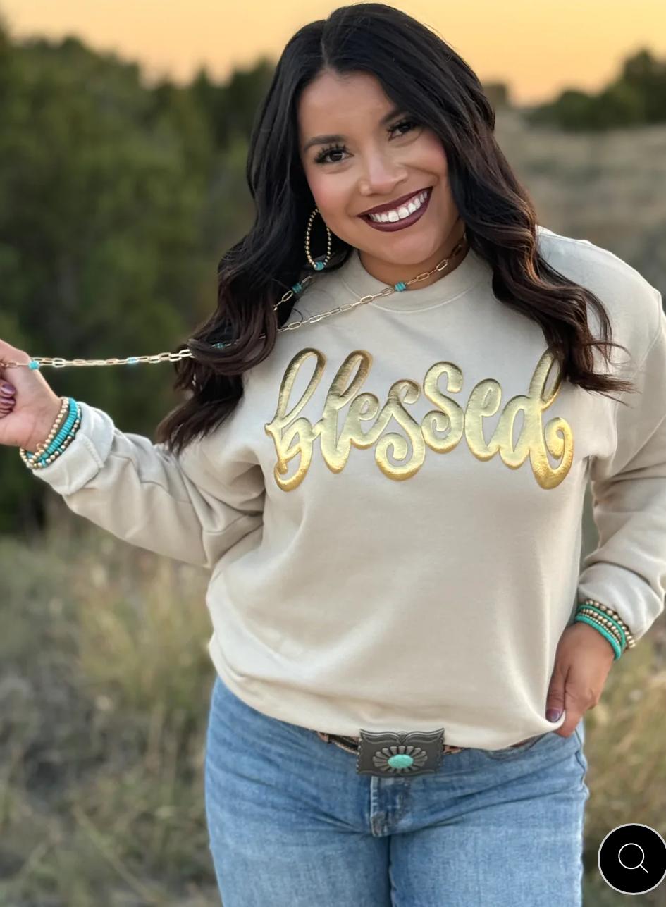Blessed Sweatshirt with Gold Metallic Puff