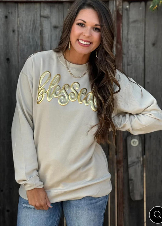 Blessed Sweatshirt with Gold Metallic Puff