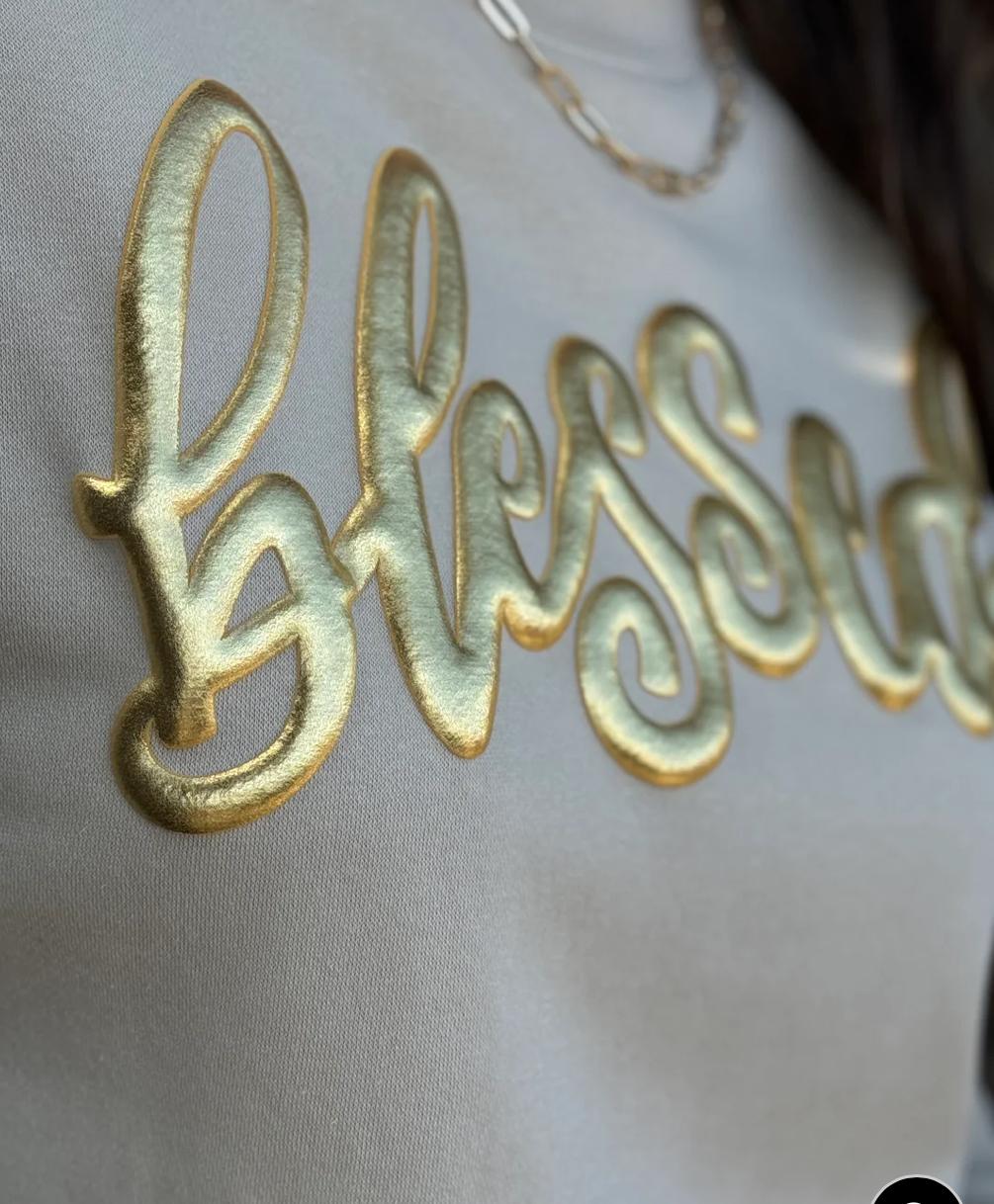 Blessed Sweatshirt with Gold Metallic Puff