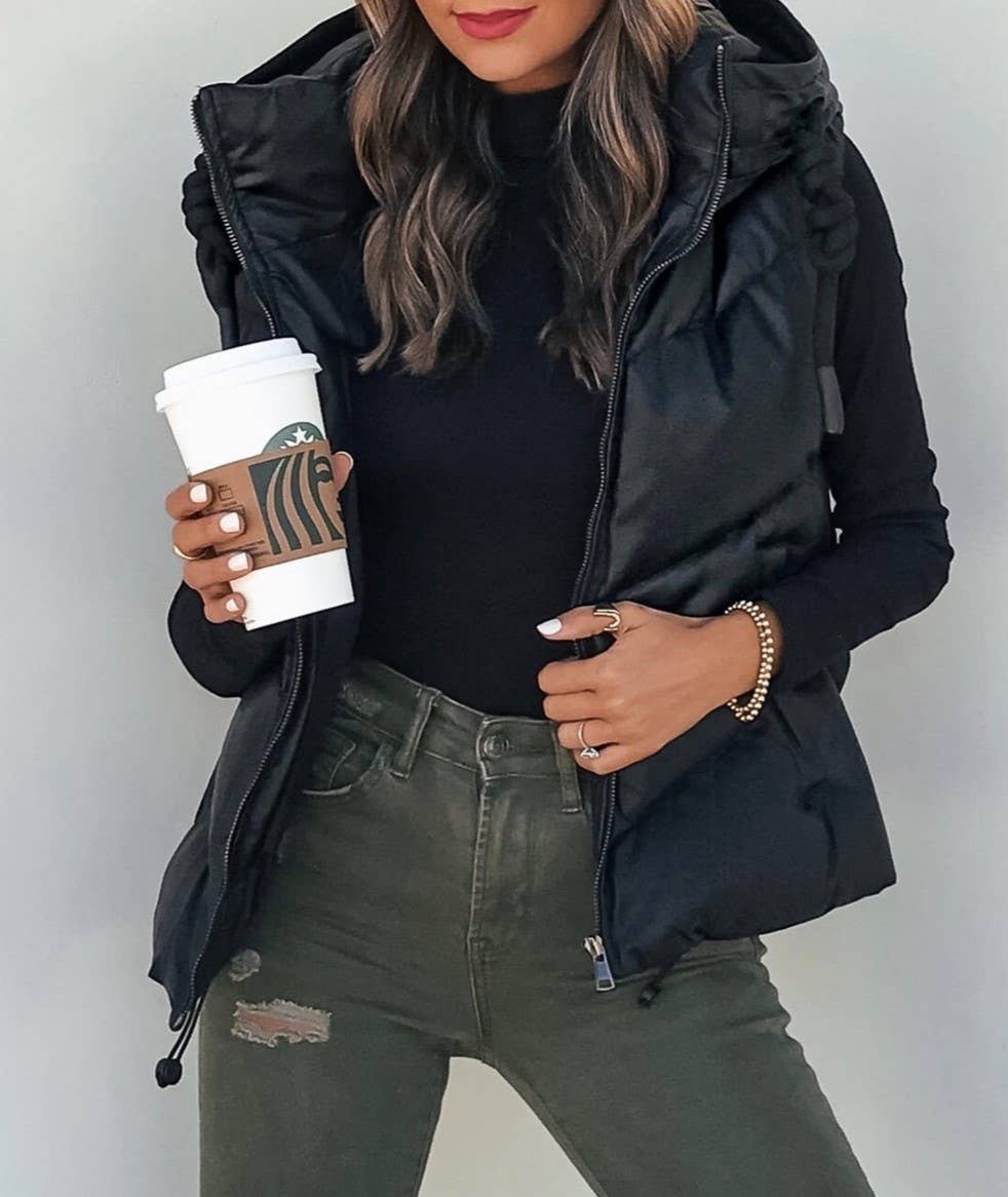 Black Hooded Down Vest Size: Small to 2XL