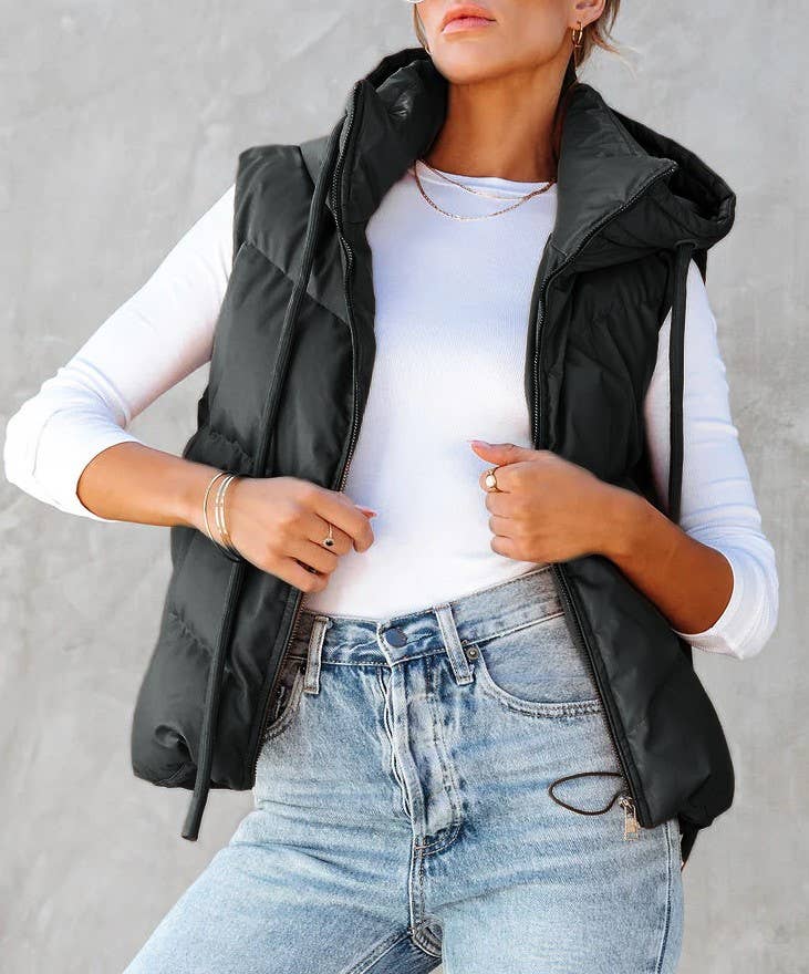 Black Hooded Down Vest Size: Small to 2XL